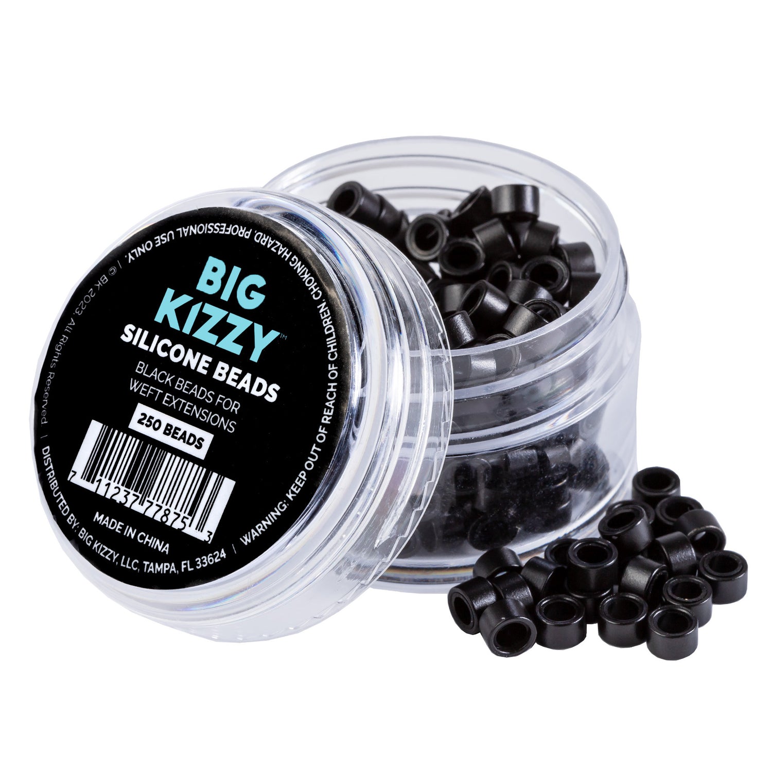 An opened jar of 250 Black Beads for Weft Extensions with some beads next to the jar
