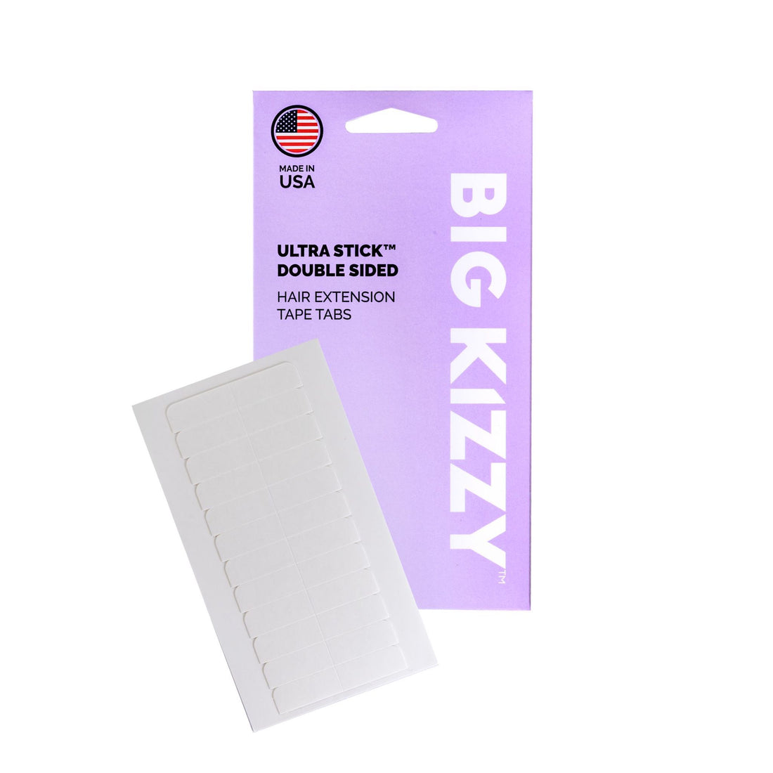Big Kizzy® Ultra Stick Double Sided Hair Extension Replacement Tape Tabs Packaging with a sheet of double sided tape tabs overlayed on top of it