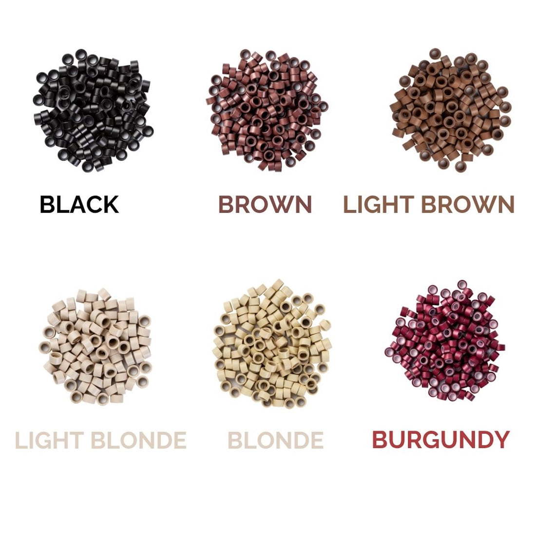 Silicone Hair Extension Beads for Sew In Weft Hair Extensions. Light Blonde Beads, Blonde Beads, Burgundy Beads, Black Beads, Brown Beads, Light Brown Beads. 