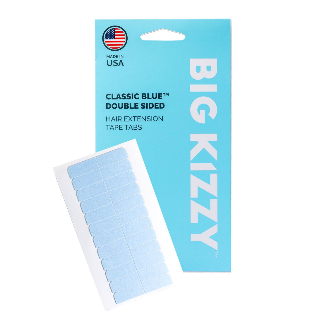 Big Kizzy® Classic Blue Double Sided Hair Extension Replacement Tape Tabs Packaging with a blue tape tab sheet overlayed on top of it