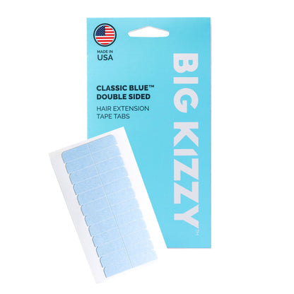 Big Kizzy® Classic Blue Double Sided Hair Extension Replacement Tape Tabs Packaging with a blue tape tab sheet overlayed on top of it