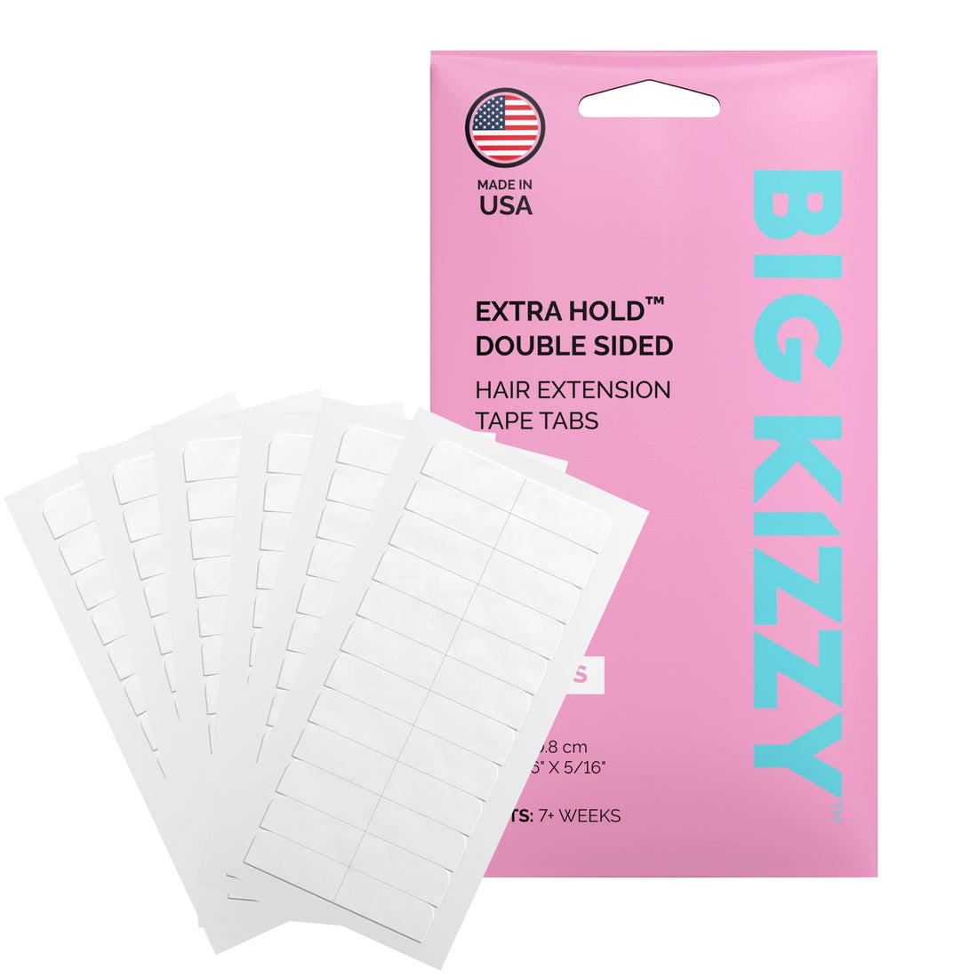 BIG KIZZY extra hold double sided hair extension tape tabs with pink packaging on a white background
