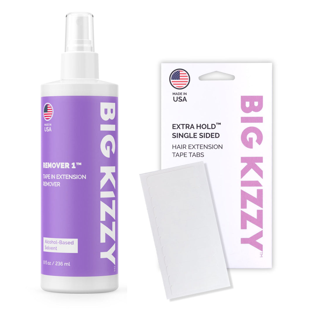Big Kizzy Extra Hold Single Sided Hair Extension Replacement Tape Tabs and Remover 1 Tape In Hair Extension Remover Bundle