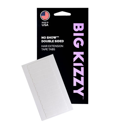 Big Kizzy® No Show Double Sided Hair Extension Replacement Tape Tabs Packaging with a single sheet of white tape tabs overlayed over it