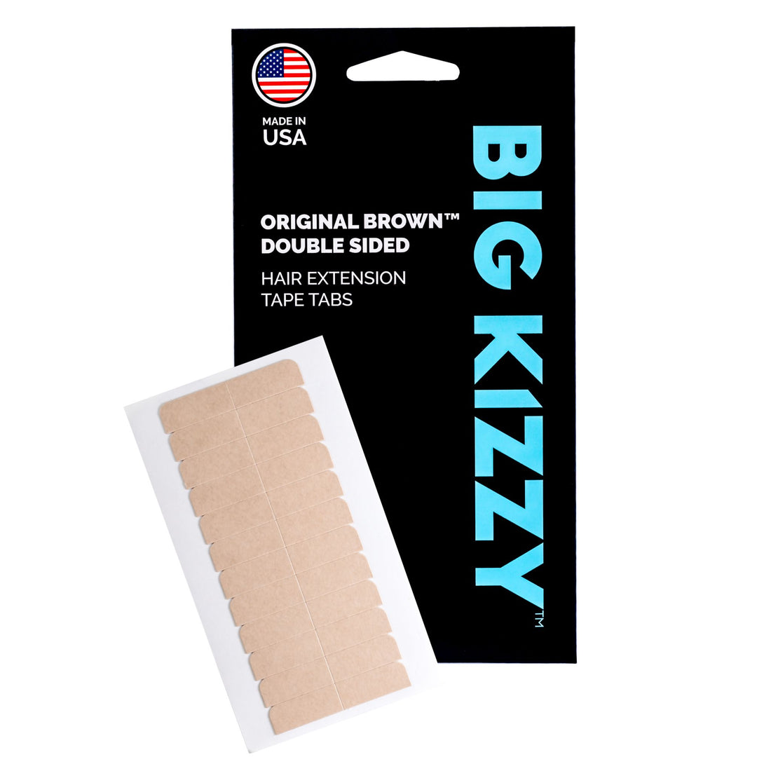Big Kizzy® Original Brown Double Sided Hair Extension Replacement Tape Tabs Packaging with a tape tab sheet overlayed on top of it