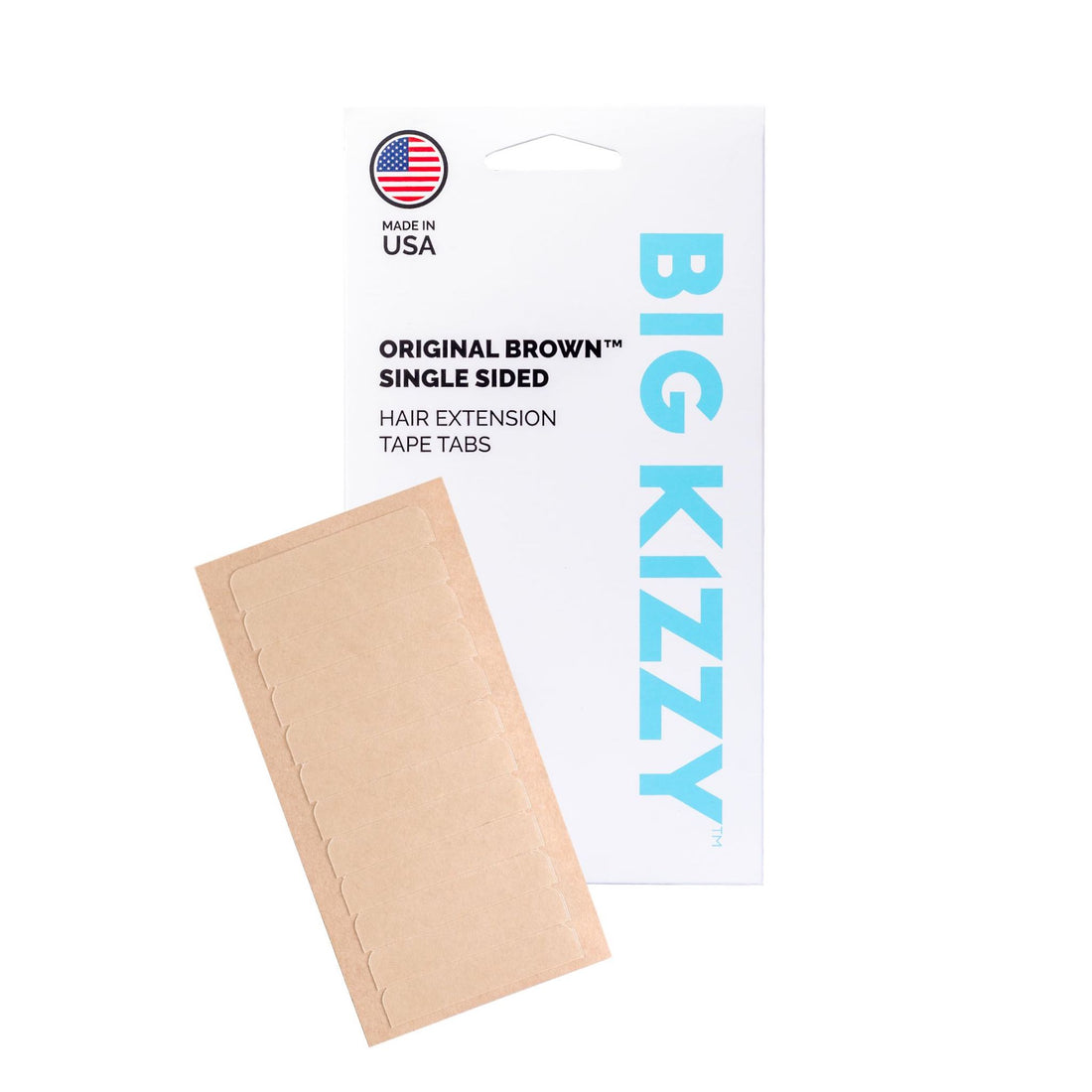 Big Kizzy® Original Brown Single Sided Hair Extension Replacement Tape Tabs Packaging with a sheet of brown single sided tape tabs overlayed on top of it