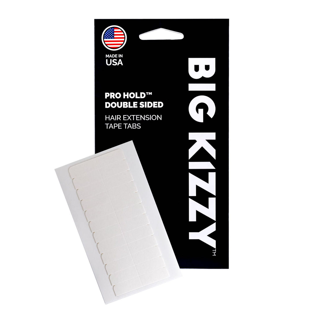Big Kizzy® Pro Hold Double Sided Hair Extension Replacement Tape Tabs Packaging with a white sheet of tape tabs overlayed on top of it