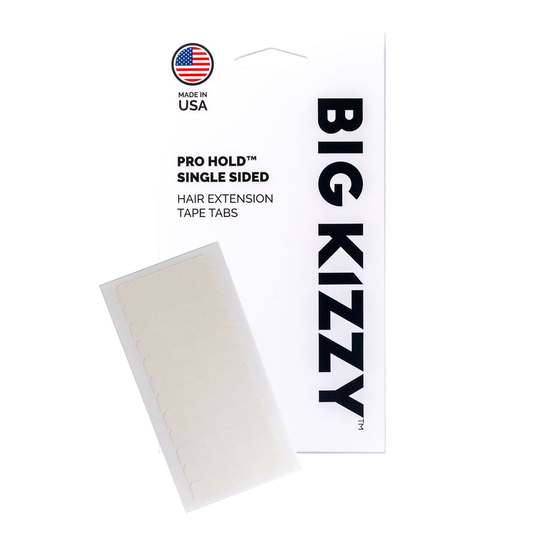 A pack of Big Kizzy® Pro Hold Single Sided Hair Extension Replacement Tape Tabs with a sheet of white single sided tape tabs overlayed on top of it