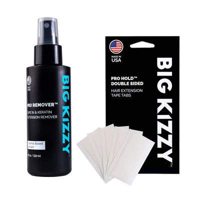 Bundle of one 120 Tab Pack of Big Kizzy® Pro Hold™ Double Sided Hair Extension Replacement Tape Tabs and one 4 ounce bottle of Big Kizzy® Pro Remover™ Tape-In and Keratin Extension Remover