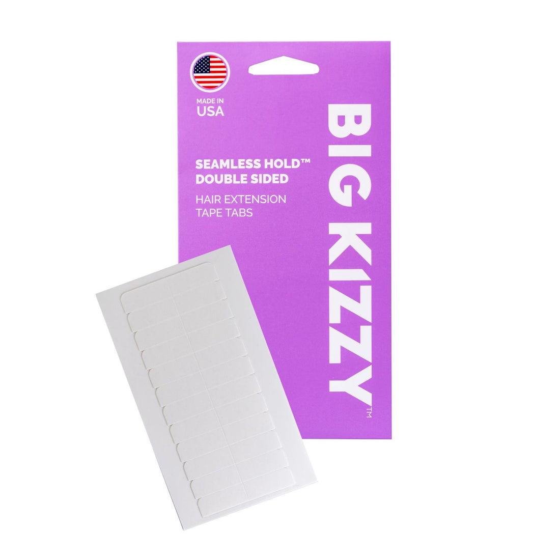 Big Kizzy® Seamless Hold Double Sided Hair Extension Replacement Tape Tabs Packaging with a single sheet of white tape tabs overlayed on top of it