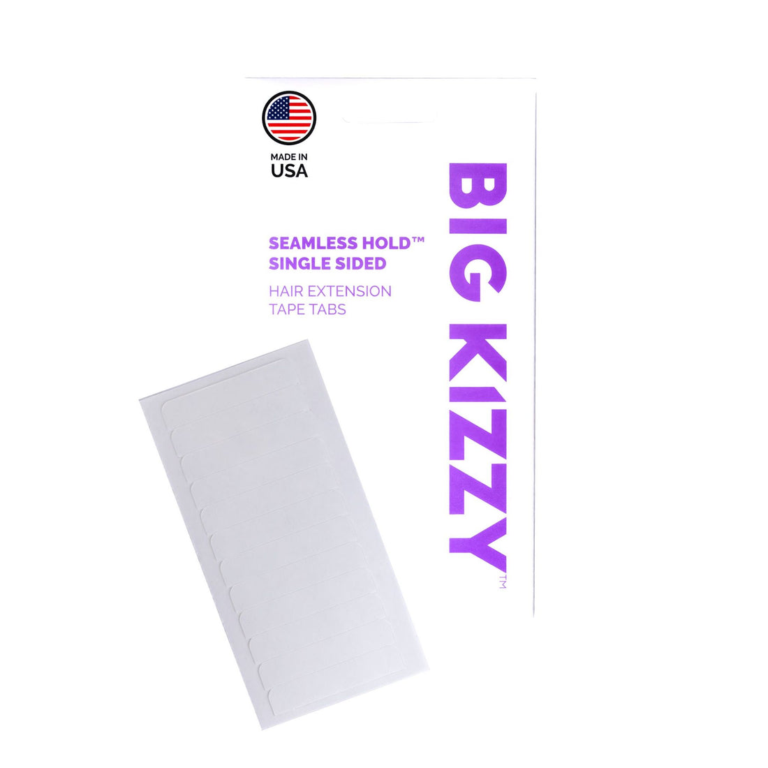 Big Kizzy® Seamless Hold Single Sided Hair Extension Replacement Tape Tabs Packaging with a single sheet of white single sided tape tabs overlayed on top of it