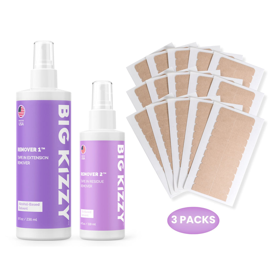 Big Kizzy Tape In Essentials Kit includes 3 packs of Regular Hold Double Sided Hair Extension Replacement Tape Tabs and Remover 1 & 2: Tape Extension & Residue Remover Bundle (Remover 1: Tape In Hair Extension Remover and Remover 2: Tape In Hair Extension Residue Remover) for tape in removal and reapplication