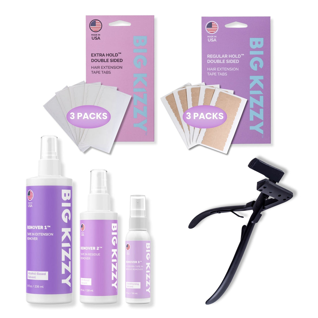 Tape In Hair Extension Tool Bundle with Tape In Extension Remover, Tape In Adhesive Residue Remover, Tape In Applicator Tool, and Double Sided Hair Extension Replacement Tape Tabs for Stylists