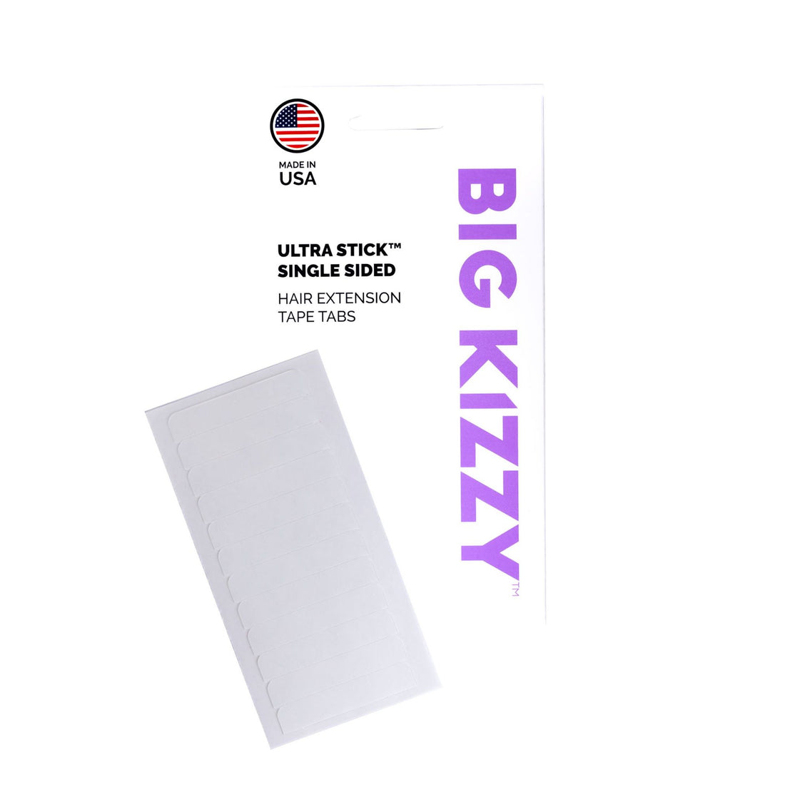 Big Kizzy® Ultra Stick Single Sided Hair Extension Replacement Tape Tabs Packaging with a sheet of white single sided tape tabs overlayed on top of it